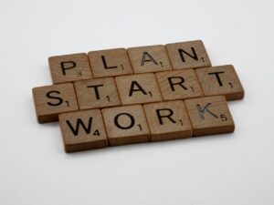Image of scrabble letters spelling out plan, start and wrok
