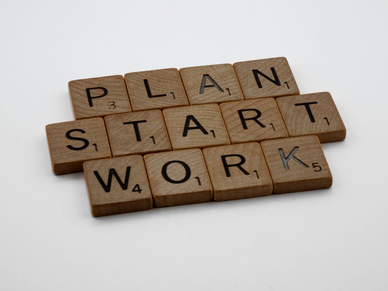 Image of scrabble letters spelling out plan, start and wrok