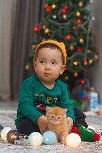 Photo by Kenzhar Sharap: https://www.pexels.com/photo/a-little-boy-and-a-kitten-sitting-in-front-of-a-christmas-tree-19460468/