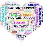 Image of a heart shaped wordmap with the following words: Talk With Colleen, Colleen Irwin, nurture, today, action, joy, compassion, gratitude, adventure, peace, discernment, trust, reflect and connection.