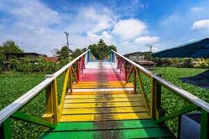image is of a bridge painted in the colors of a rainbow