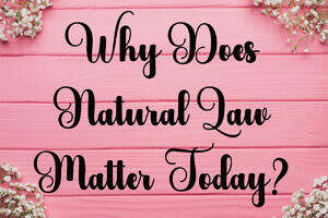 The title of this post Why Does Natural Law Matter Today? on an image of a pink background with flowers at the corner.