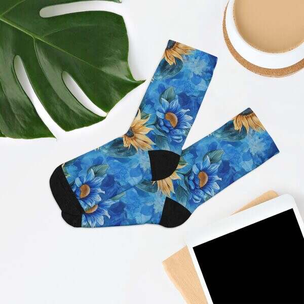 Step Into Sunshine – Sunflower Crew Socks on Blue - Image 7