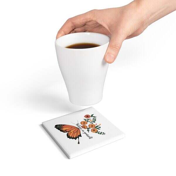 Believe in Yourself Floral Ceramic Coaster - Motivational Home Decor - Image 4