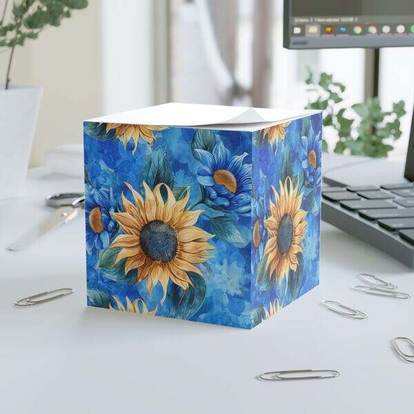 Sunflowers on Blue Background Themed Note Cube - Perfect for Home Office & Spirituality Enthusiasts