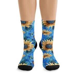 Step Into Sunshine – Sunflower Crew Socks on Blue