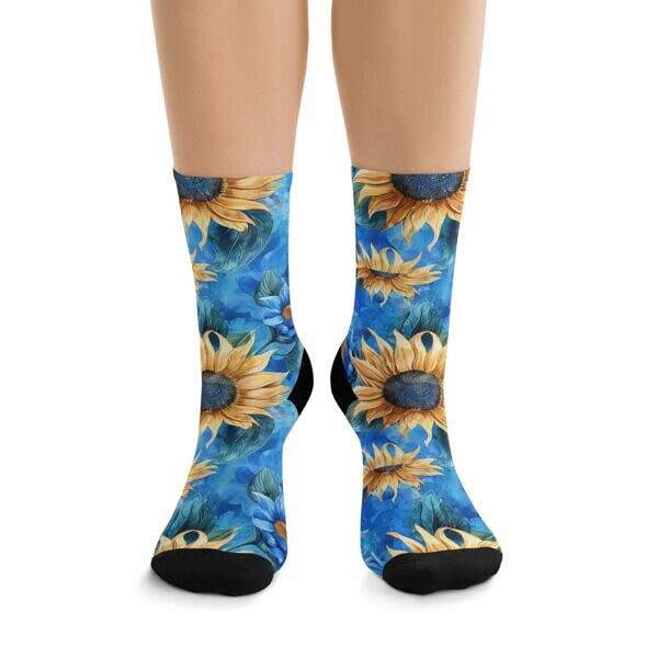 Step Into Sunshine – Sunflower Crew Socks on Blue