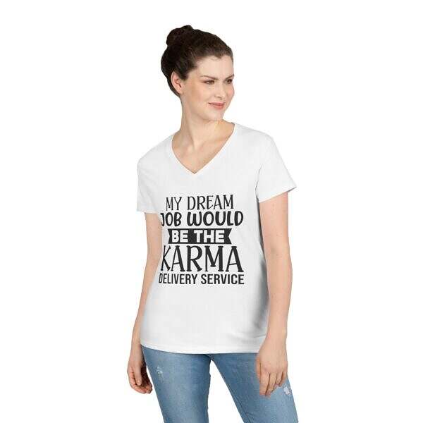 Karma Delivery Service V-Neck T-Shirt for Women - Spiritual Design - Image 4