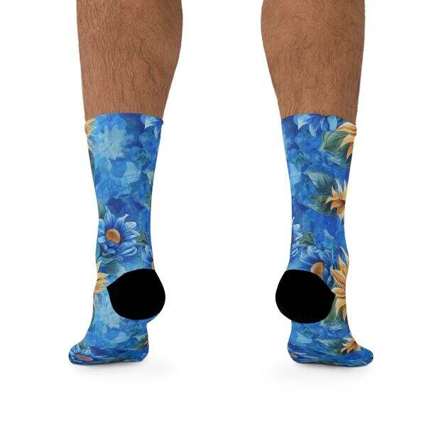 Step Into Sunshine – Sunflower Crew Socks on Blue - Image 4