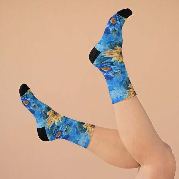 Step Into Sunshine – Sunflower Crew Socks on Blue - Image 8