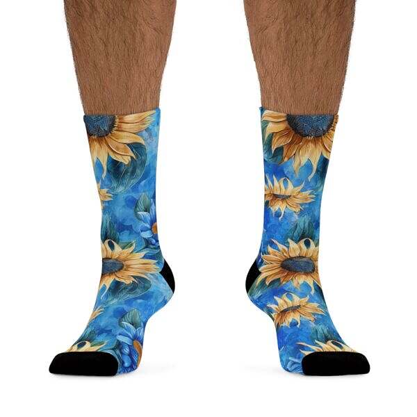Step Into Sunshine – Sunflower Crew Socks on Blue - Image 3
