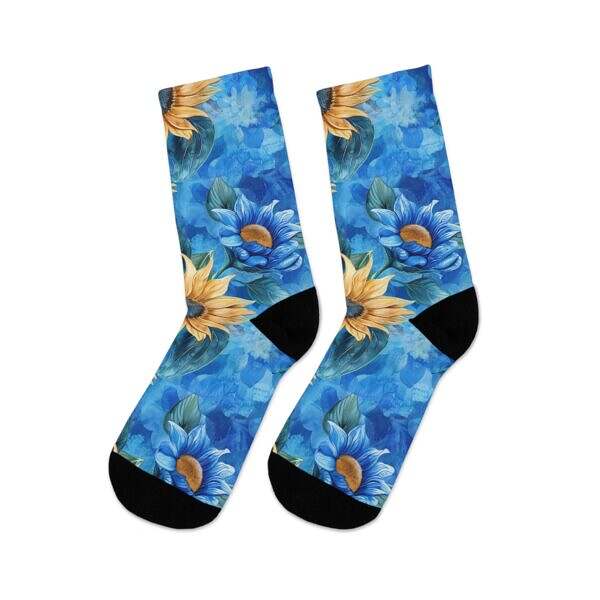 Step Into Sunshine – Sunflower Crew Socks on Blue - Image 5