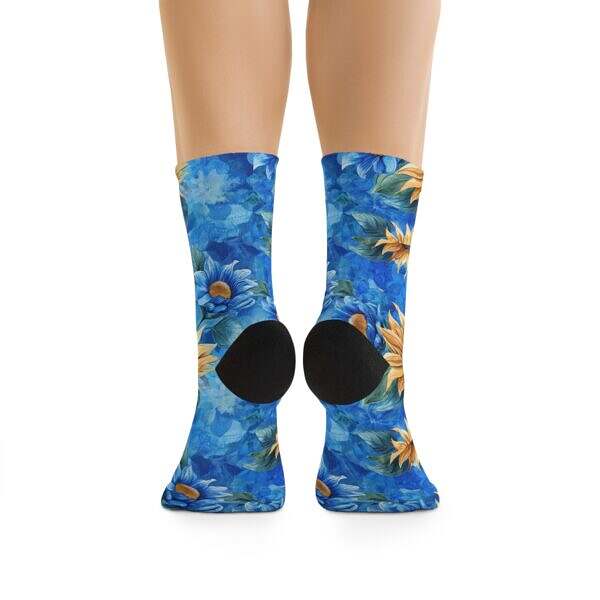 Step Into Sunshine – Sunflower Crew Socks on Blue - Image 2