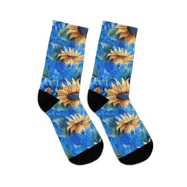 Step Into Sunshine – Sunflower Crew Socks on Blue - Image 6