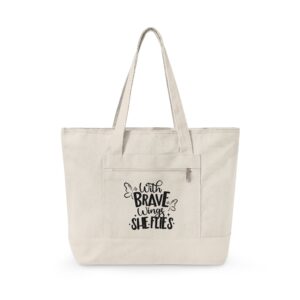 Canvas Tote Bag — "With Brave Wings She Flies" Inspirational Floral Zippered Tote