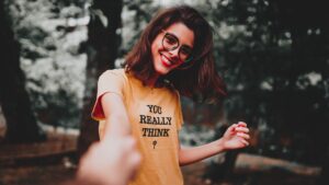 Image of a woman with a t-shirt saying You really think?